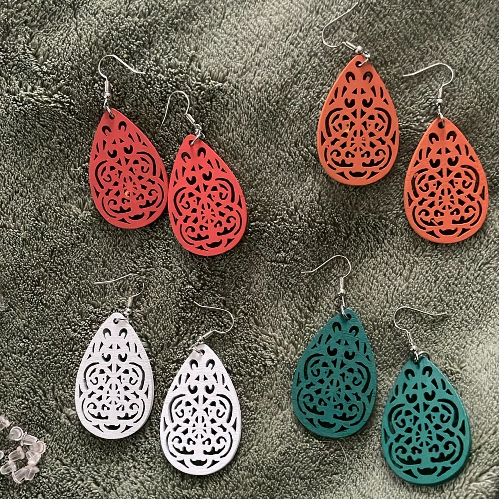 Wood Filigree Teardrop Earring Set - Red, Orange, White, Teal